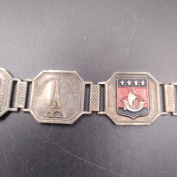 Vintage Silver Tone Paris Metal Enamel Link Panel Bracelet Souvenir  8” - Picture 3 of 8